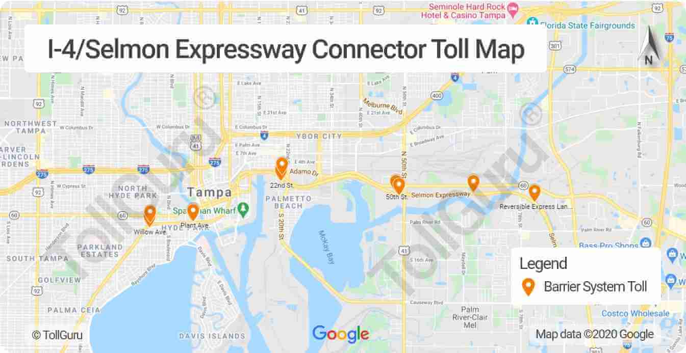 Toll booth locations on I4 Selmon Expressway Connector or Crosstown Connector