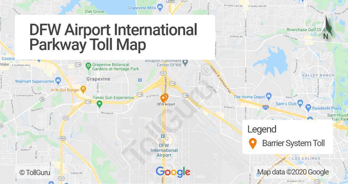 Toll booth locations on International Parkway leading to DFW International Airport from the Dallas-Fort Worth Metroplex