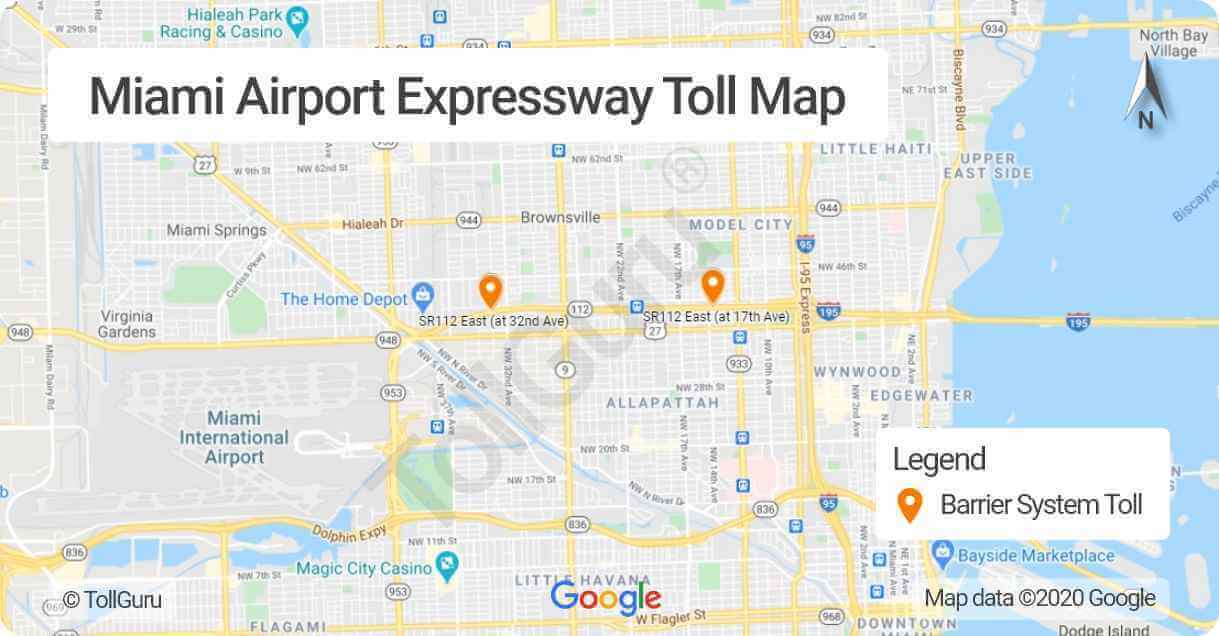 Toll booth locations on Miami Airport Expressway of Florida 112 between Miami International Airport to Interstate 95 and Interstate 195