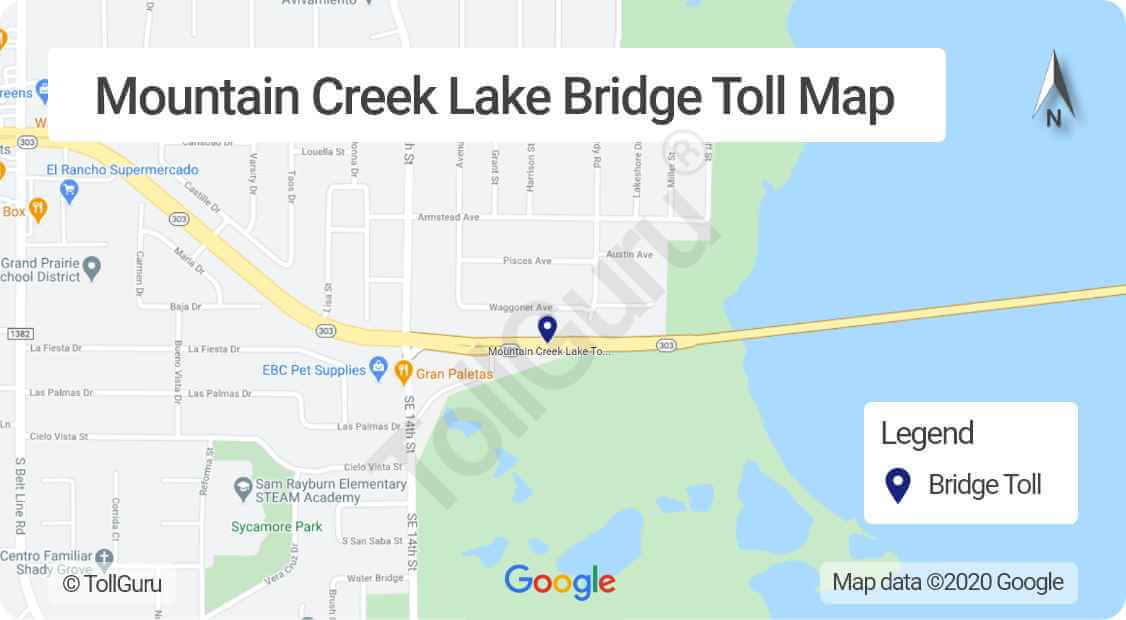 Toll booth locations on Mountain Creek Lake Toll Bridge (MCLB) between Oak Cliff section, Dallas and the Grand Prairie