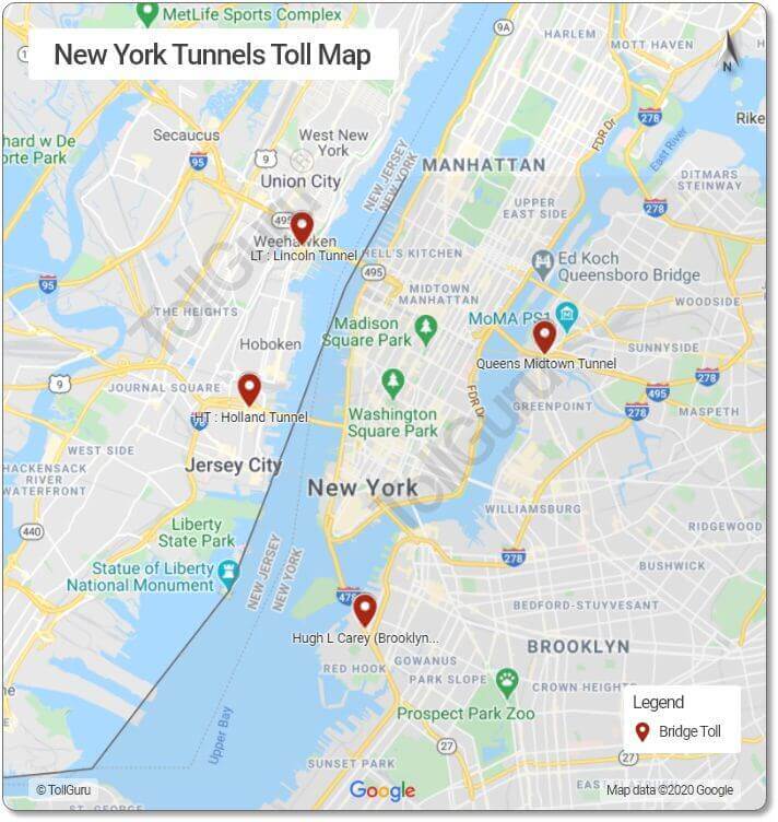 Toll booth locations of New Jersey tunnels under Hudson river Lincoln Tunnel and Hudson Tunnel