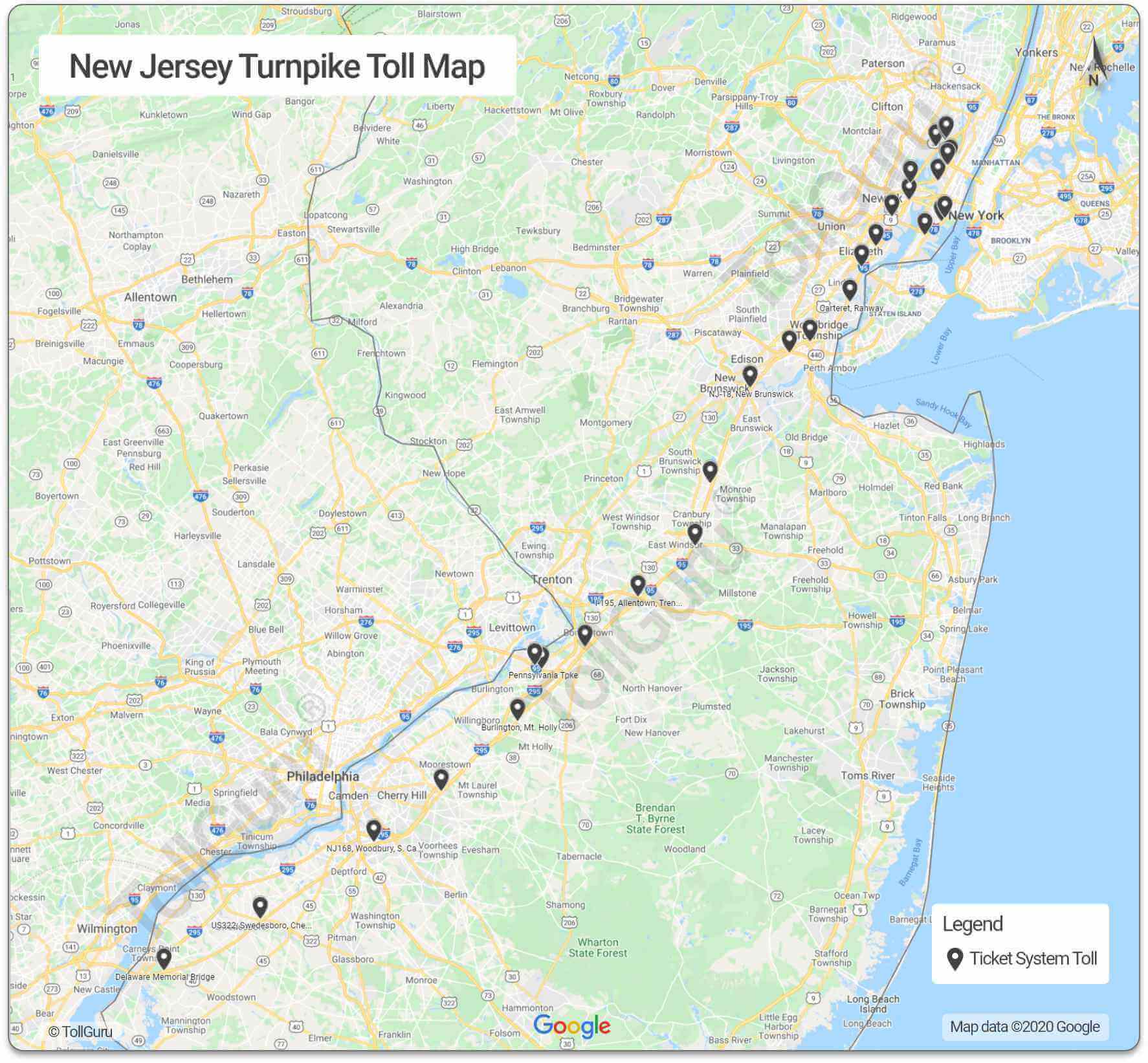 Toll booth locations on all toll roads of New Jersey Turnpike in New Jersey and leading to Delaware, Pennsylvania and New York