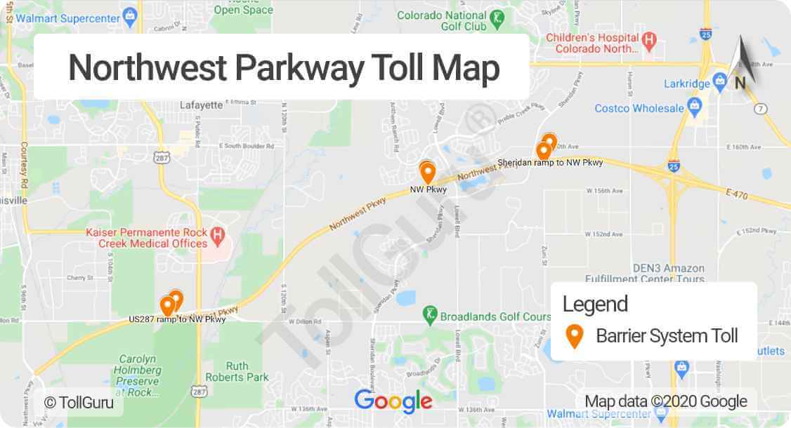 Toll booth locations on Northwest Parkway toll roads in Colorado between the intersection of I-25 and E-470 to US 36