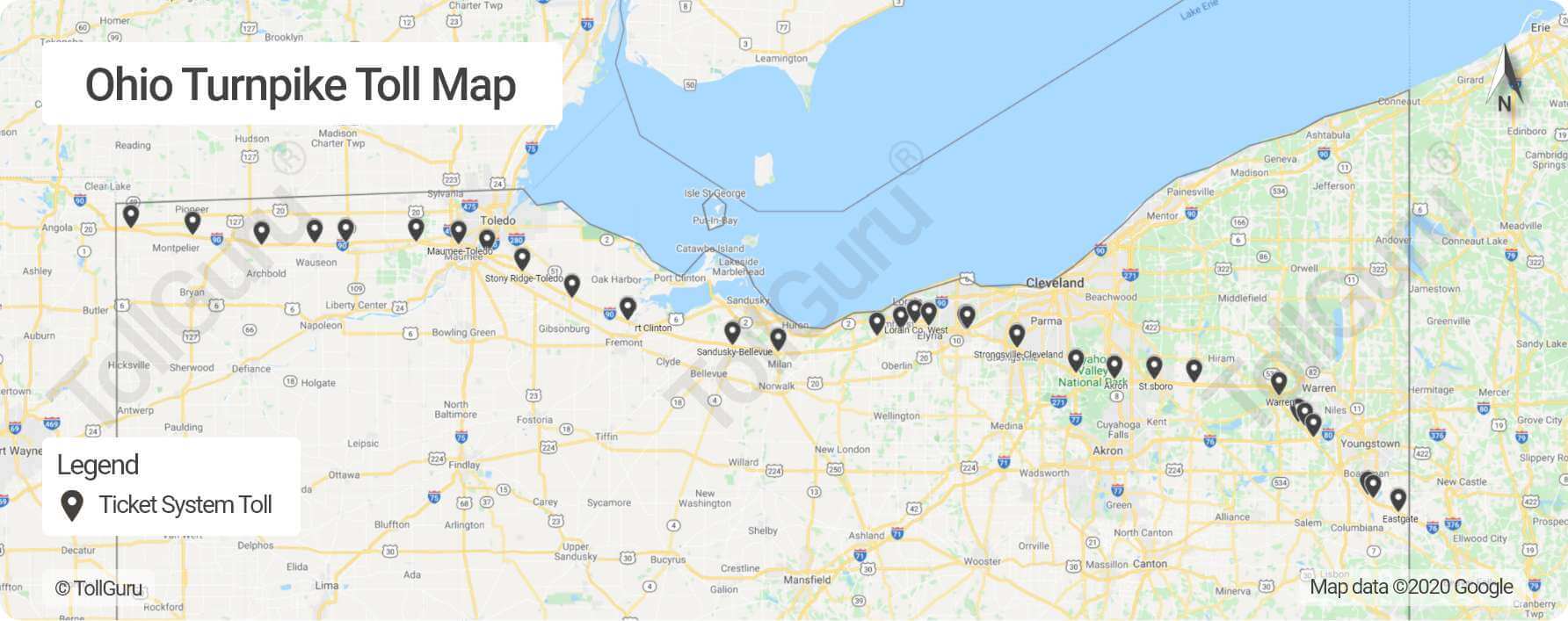 Toll booth locations on Ohio Turnpike connecting Chicago and Pittsburg which is part of I 80, I 76 and I 90