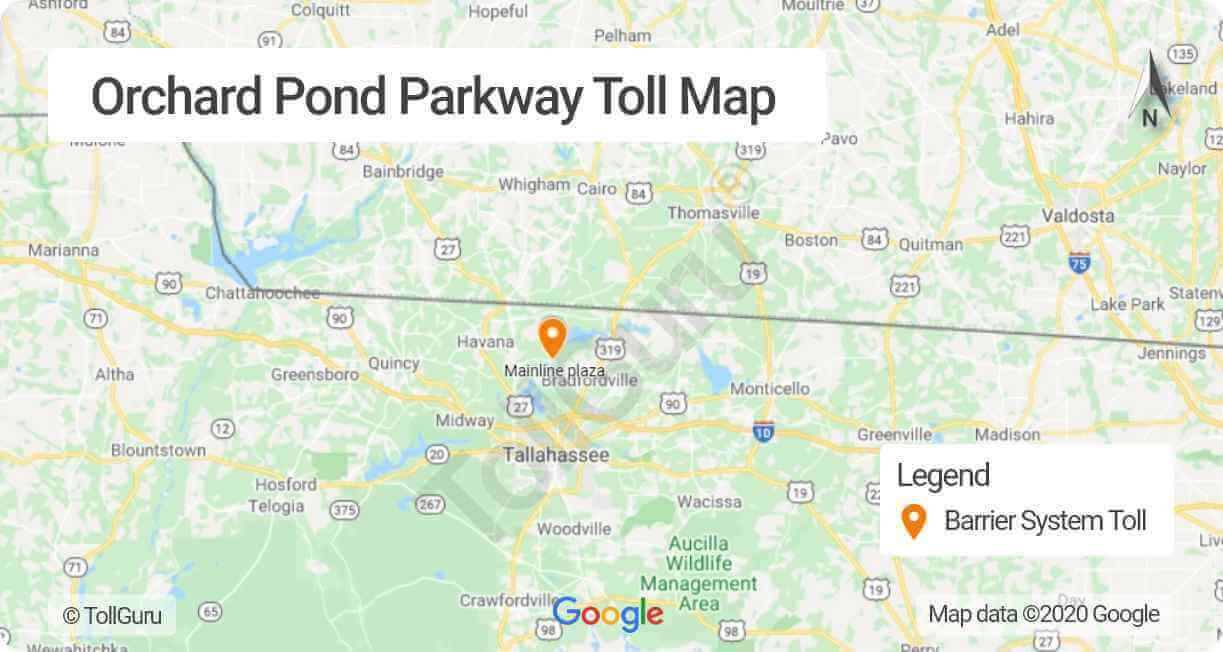 Toll booth locations of Orchard Pond Parkway between Meridian Road and Old Bainbridge Road