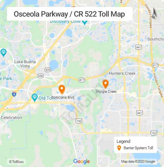 Toll booth locations of Osceola Parkway or CR 522 connecting Disney World resort area near Kissimmee and Buena Ventura