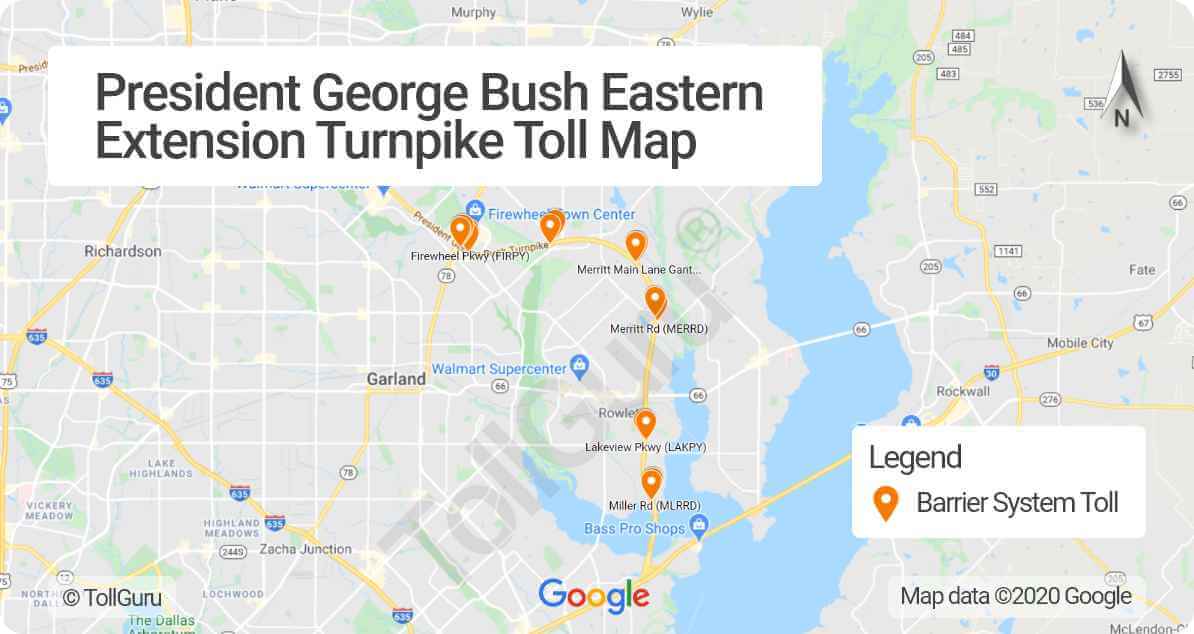 Toll booth locations on Eastern Extension of PGBT between northwest Garland to Interstate 30