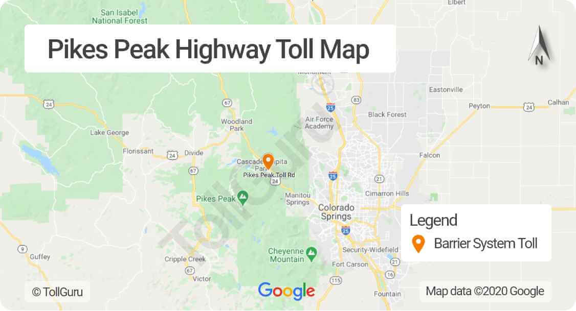 Toll booth locations on Pikes Peak Highway in Colorado between Cascade and the summit of Pikes Peak