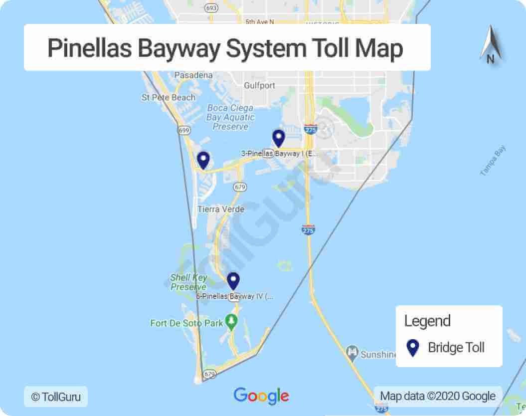 Toll booth locations on Pinellas Bayway System connecting St. Petersburg in Florida to St. Pete Beach and Don CeSar resort