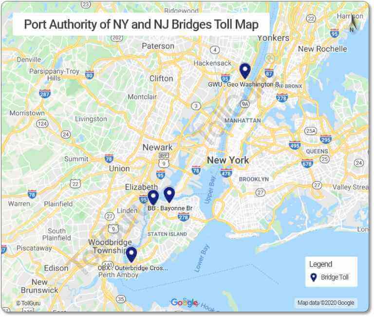 Toll booth locations of Port Authority of NY and NJ like George Washington Bridge, Bayonne Bridge, Goethals Bridge