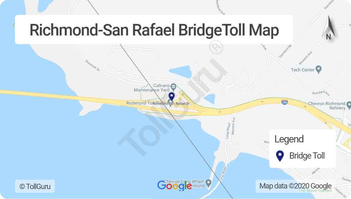 Toll booth location of Richmond San Rafael Bridge linking I-580 between Richmond on the east and San Rafael on the west.