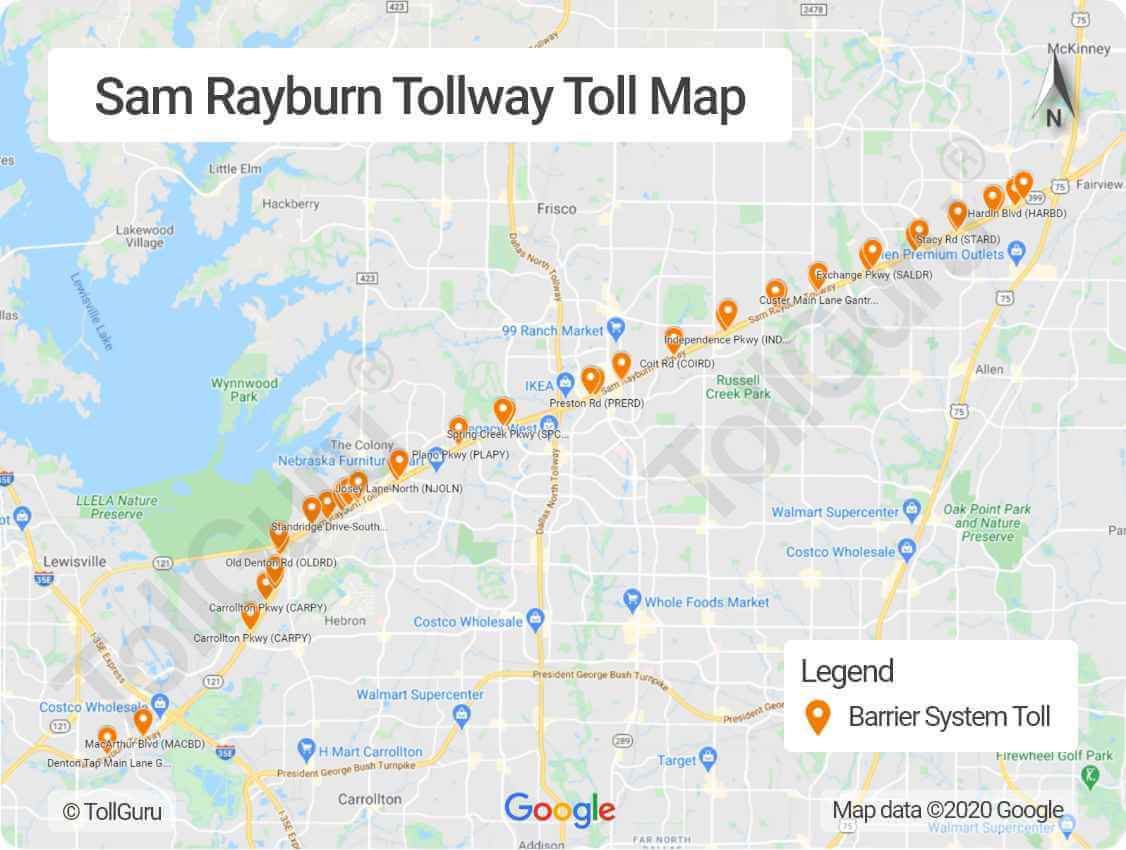 Toll booth locations on Sam Rayburn Tollway or Texas 121 or State Highway 121 between Grapevine to McKinney