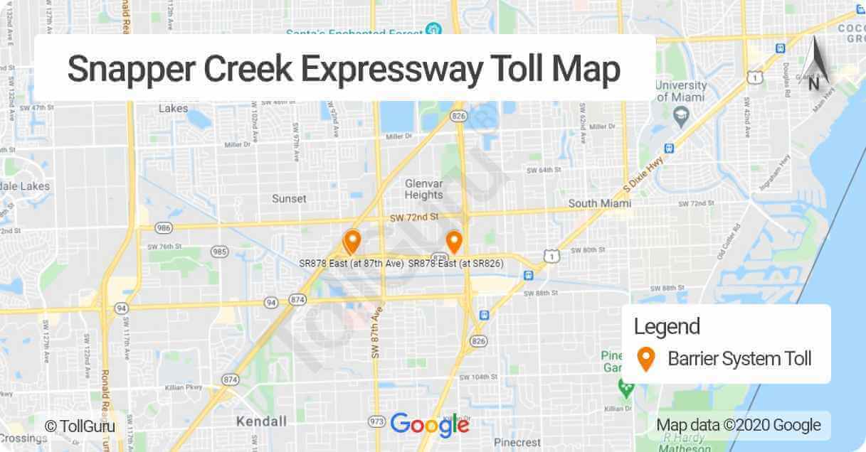 Toll booth locations on Snapper Creek Expressway or Florida 878 between Don Shula Expressway and U.S. 1 Dixie Highway