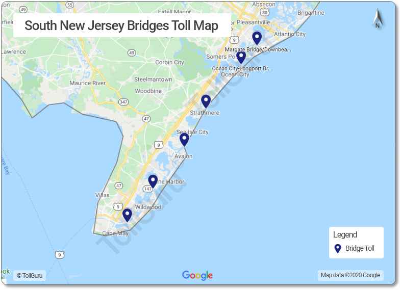 Toll booth locations bridges of South New Jersey like Margate Bridge, Middle Thorofare Bridge and Townsends Inlet Bridge