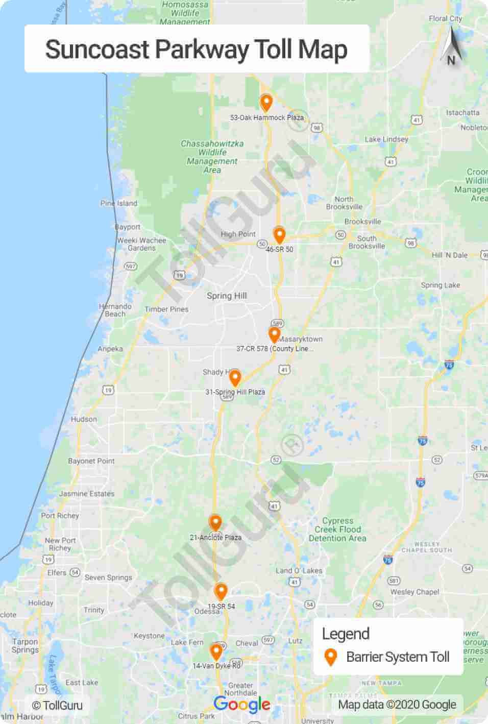 Toll booth locations on Suncoast Parkway that extends on Florida 589 and runs through Pascon and Hernando Counties