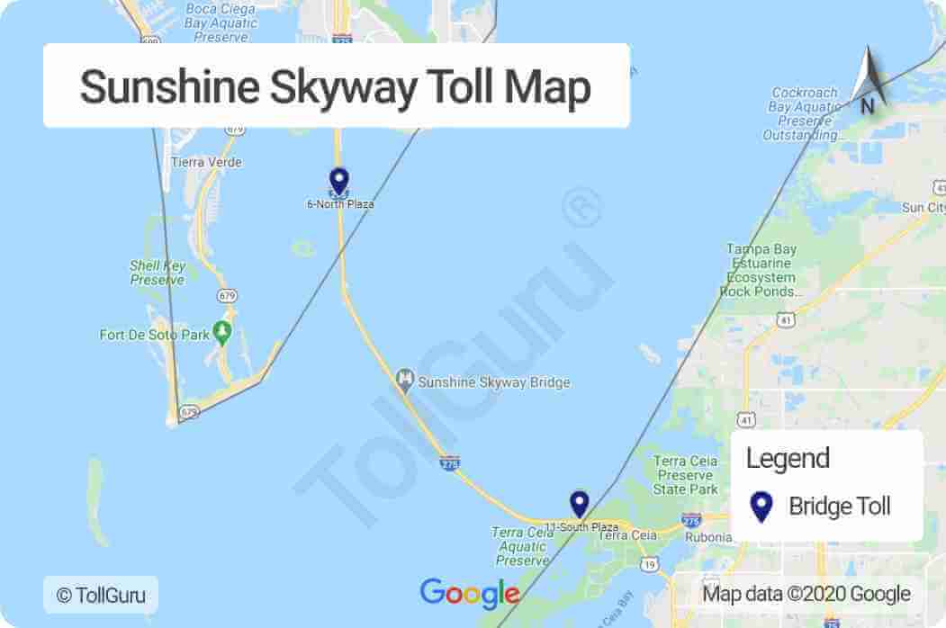 Toll booth locations of Sunshine Skyway Bridge over the Tampa Bay connecting St. Petersburg in Florida to Terra Ceia