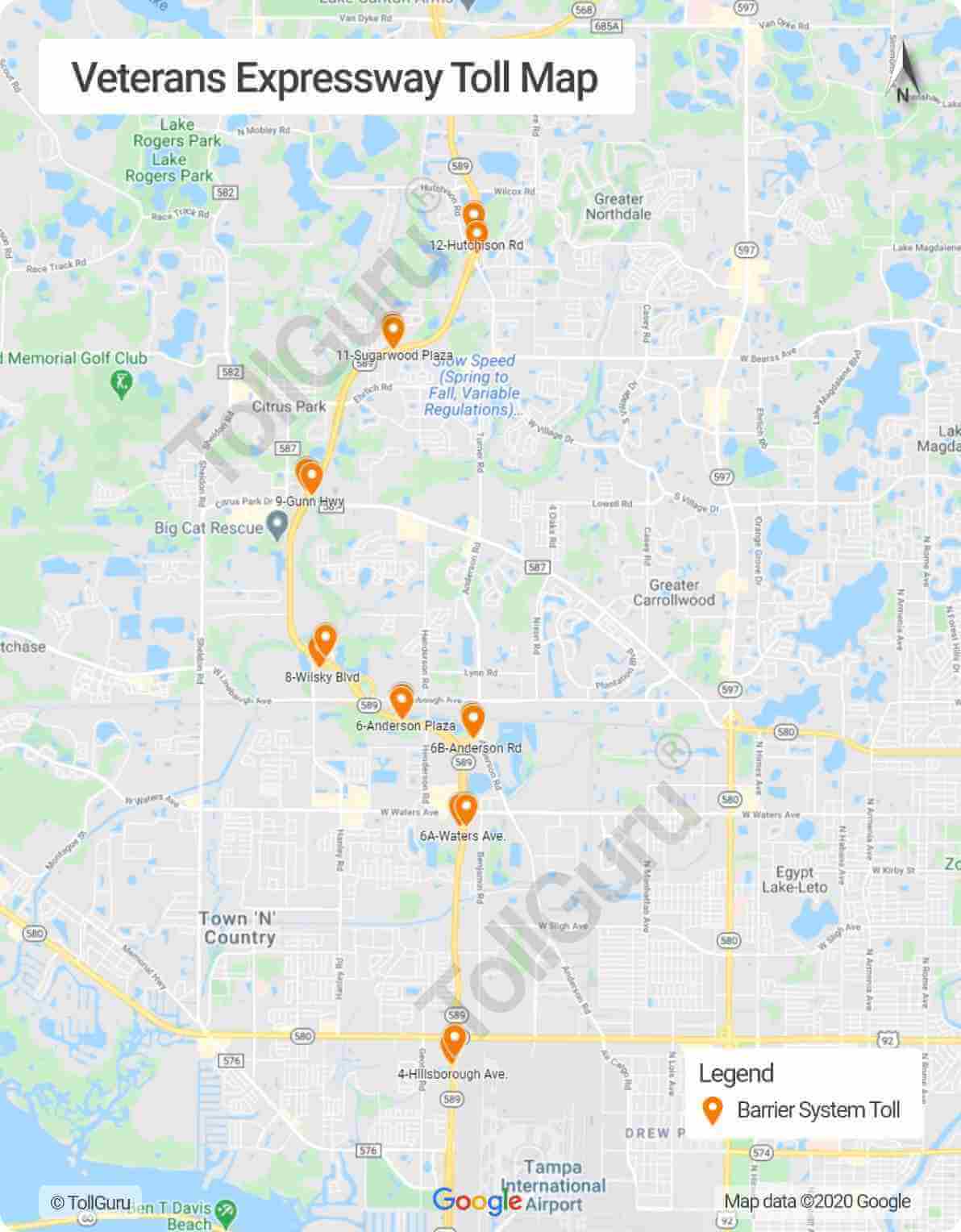 Toll booth locations on Veterans Expressway or Florida 589 between Suncoast Parkway and Dale Mabry Highway  