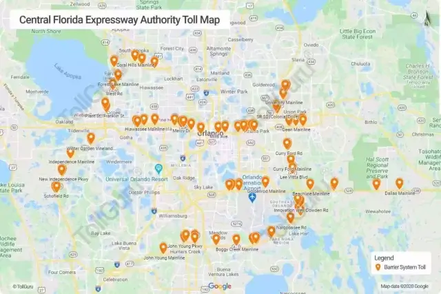 Toll booth locations across all toll roads managed by Central Florida Expressway Authority in Florida