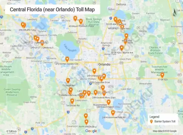 Toll booth locations across all toll roads near Orlando Florida