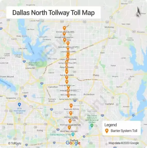 Toll booth locations on Dallas North Tollway between Dallas, Collin and Denton through Highland Park and University Park