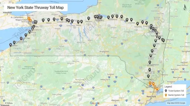 Toll booth locations on all roads under New York State Thruway through Albany, Syracuse, and Buffalo