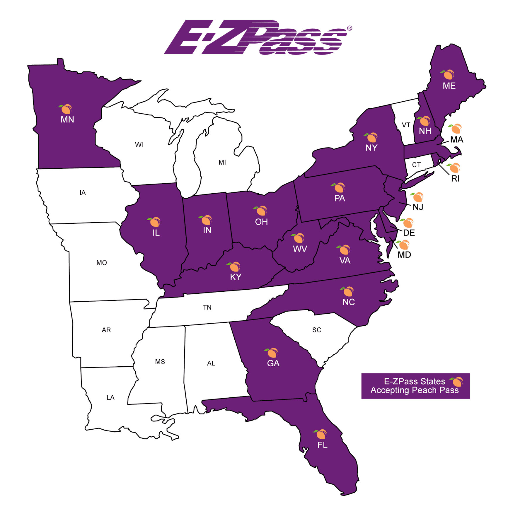 PeachPass is accepted in Georgia, North Carolina and Florida along with SunPass and NCQuickPass